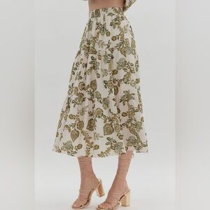 NWT Entro Floral Green And Cream Midi Skirt Cottage Core Bohemian Large Pockets